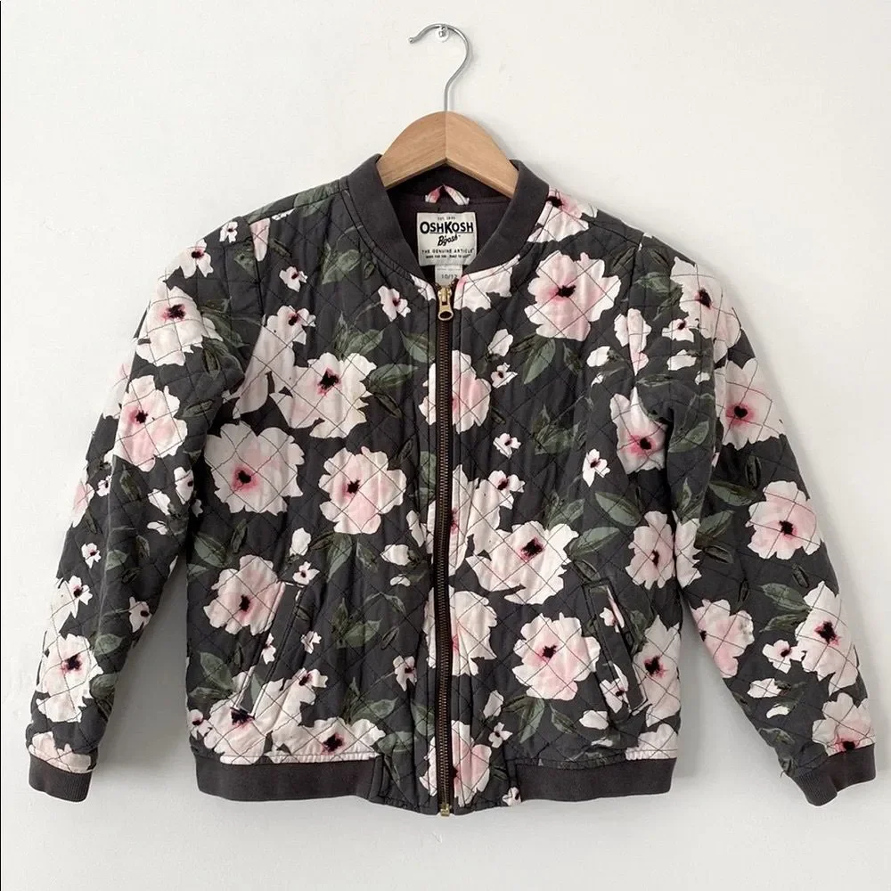 OshKosh Girl's B'gosh Floral Puffer Jacket Sz 10/12 Dark Gray, Pink, Green